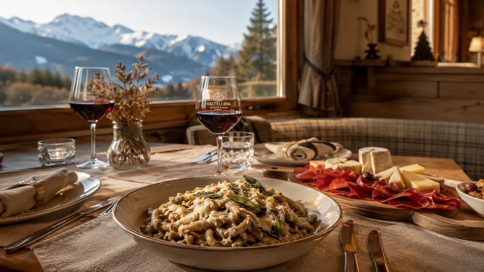 Tavolo apparecchiato in un ristorante della Valtellina con vista sulle montagne