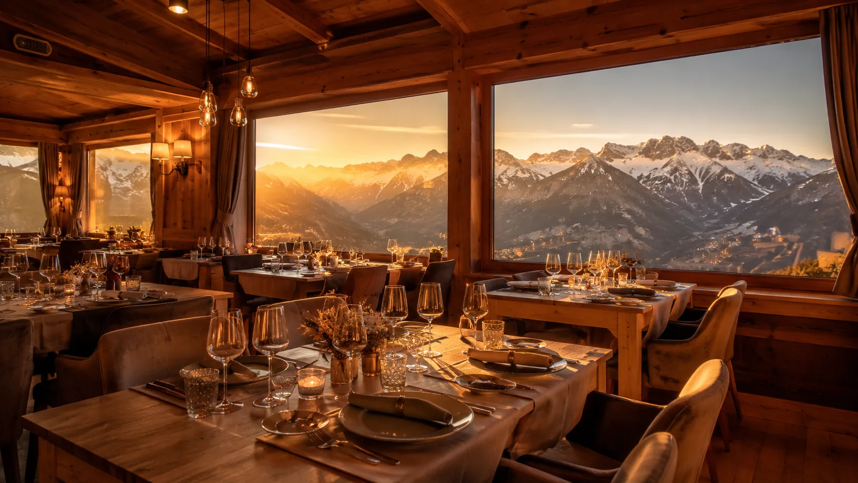 Sala di un ristorante di montagna in Valtellina al tramonto con vista sulle Alpi