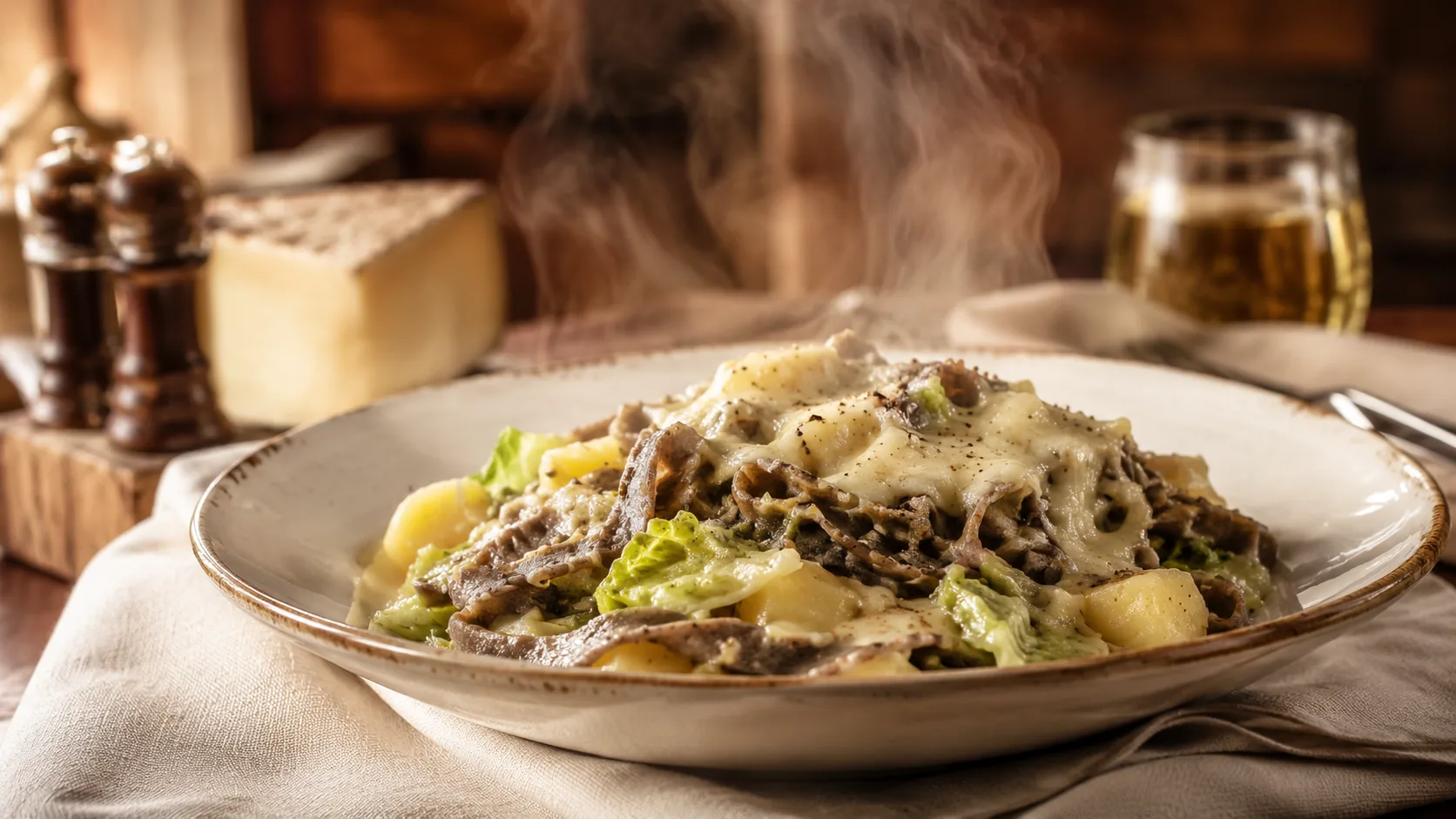 Primo piano di un piatto di pizzoccheri della Valtellina