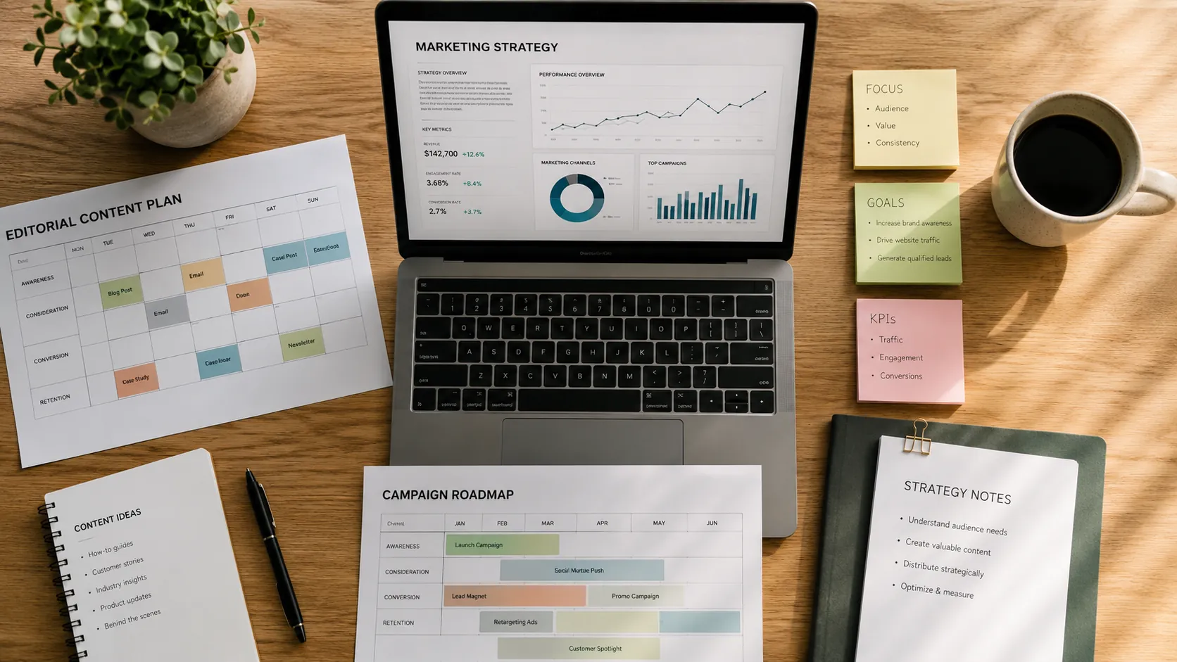 Scrivania con piano marketing, grafici e appunti di strategia